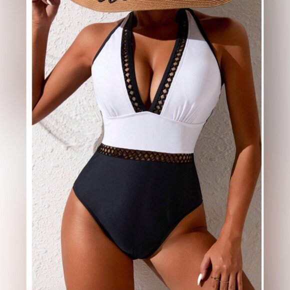 Mesh Halter One Piece Swim Suit Bathing Suit White Black - Picture 1 of 3